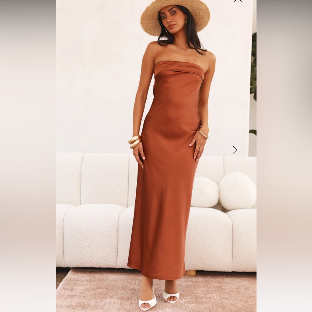 Hello Molly Strapless Satin Dress in Rich Brown - Picture 2 of 5